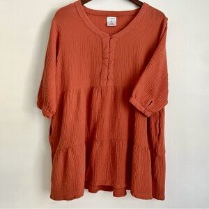 Serra Tiered Mini Dress XL Orange Pockets 3/4 Sleeve 1/4 Button Casual